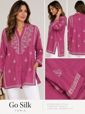 Go Silk Magenta Embroidered Tunic